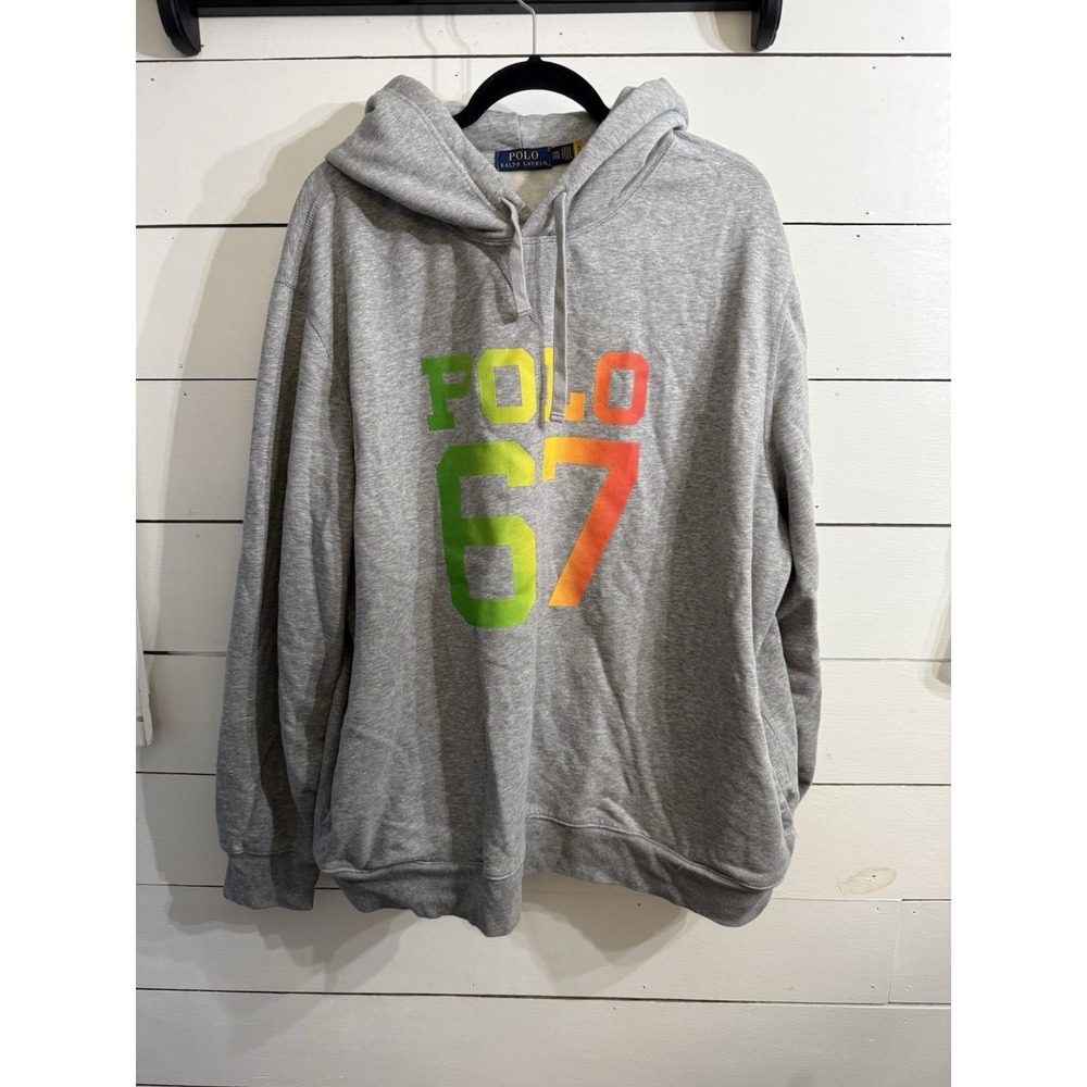 POLO RALPH LAUREN Grey Sweatshirt Hoodie 67 Multi-Color Logo Sz XXL 2XL